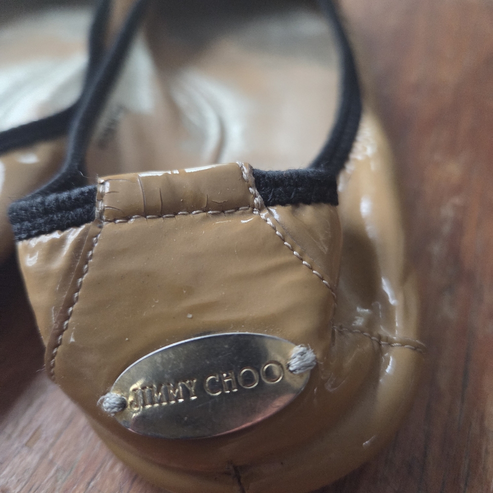 Jimmy Choo Ballet Flats Patent Leather Embossed Tan Gold Hardware Loafers 38 (8) - Picture 6 of 11